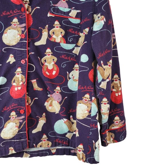 Nick & Nora Sock Monkey Flannel Pajama Set Blue Large Long Sleeve Pants Pull On - Picture 4 of 13